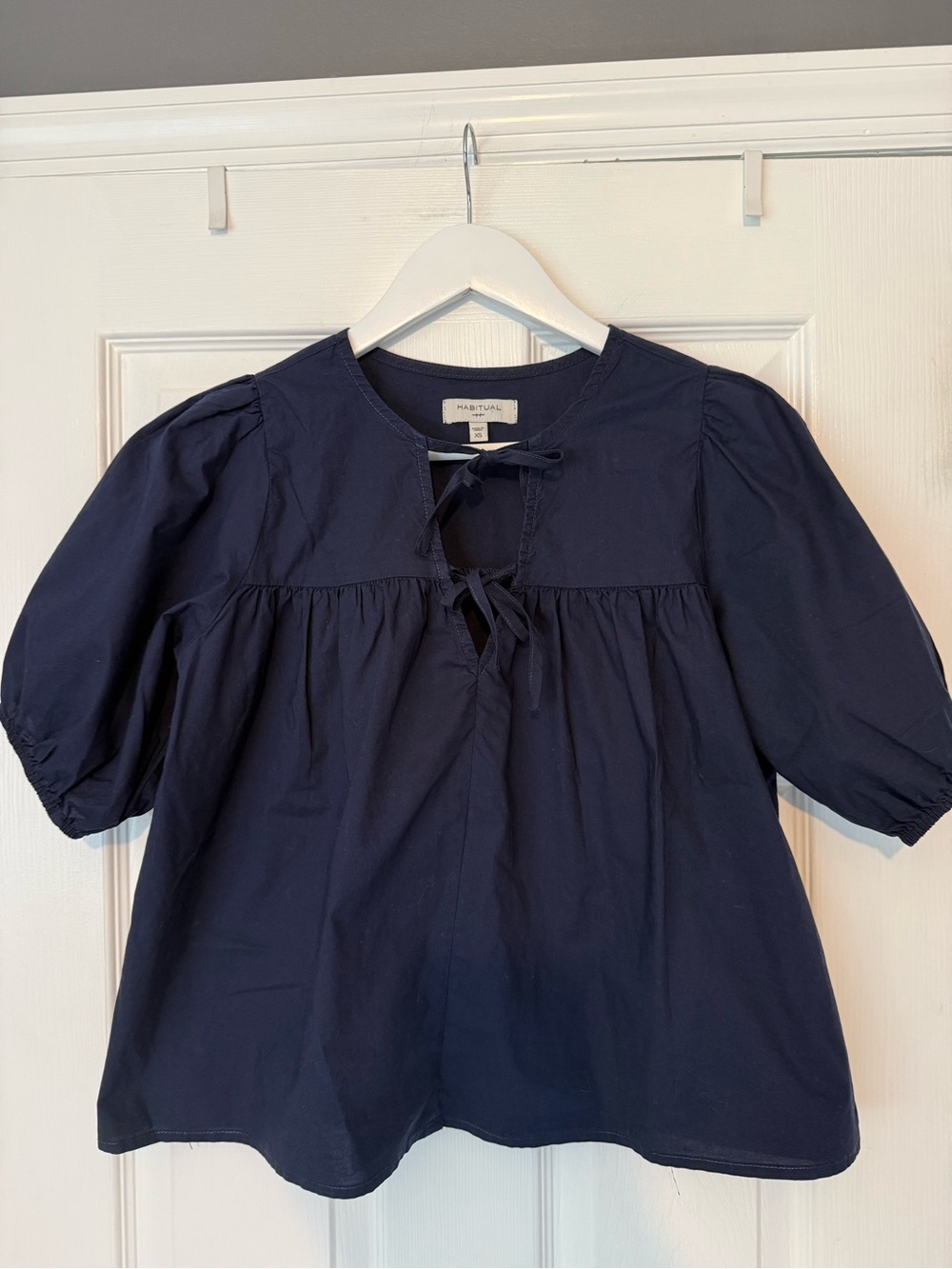 Habitual Navy Tie-Front Puff Sleeve Blouse